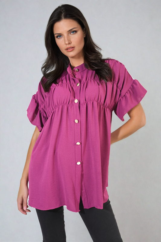 Women's Button Down Pleated Frill Tops