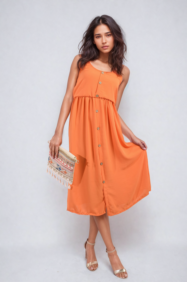 Women's Button Front Strappy Midi Dress