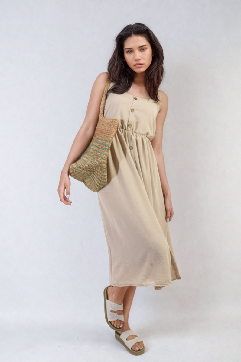 Women's Button Front Strappy Midi Dress