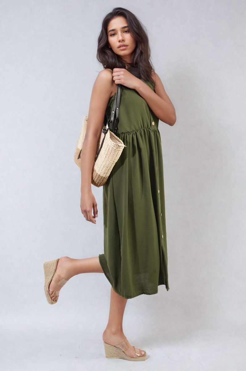 Women's Button Front Strappy Midi Dress