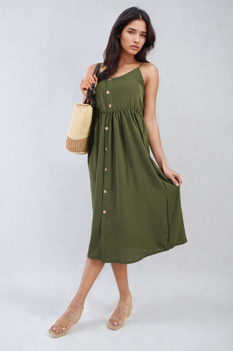 Women's Button Front Strappy Midi Dress