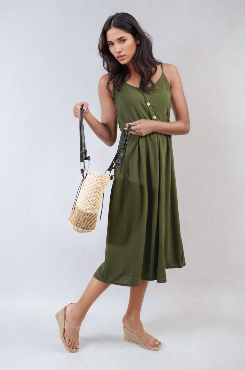 Women's Button Front Strappy Midi Dress