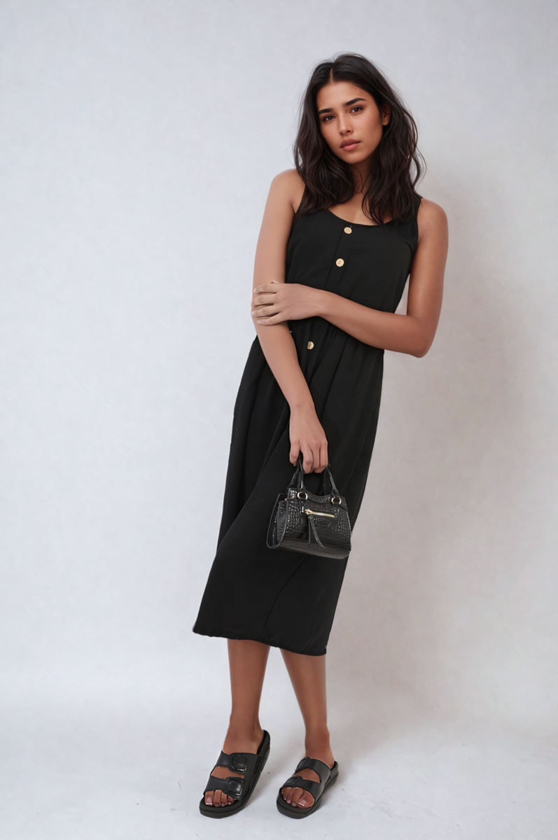 Women's Button Front Strappy Midi Dress