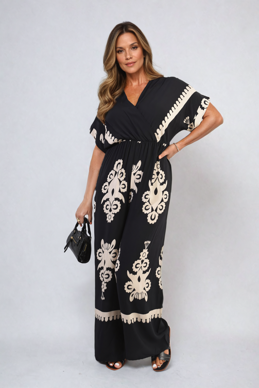 Women's Printed Cross Front Wide Leg Jumpsuit