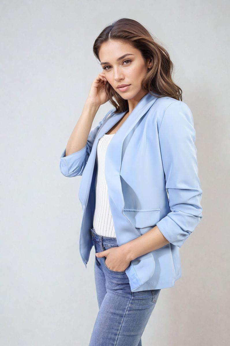 Women's Ruched Sleeve Open Front Blazer Jacket with Front Pockets