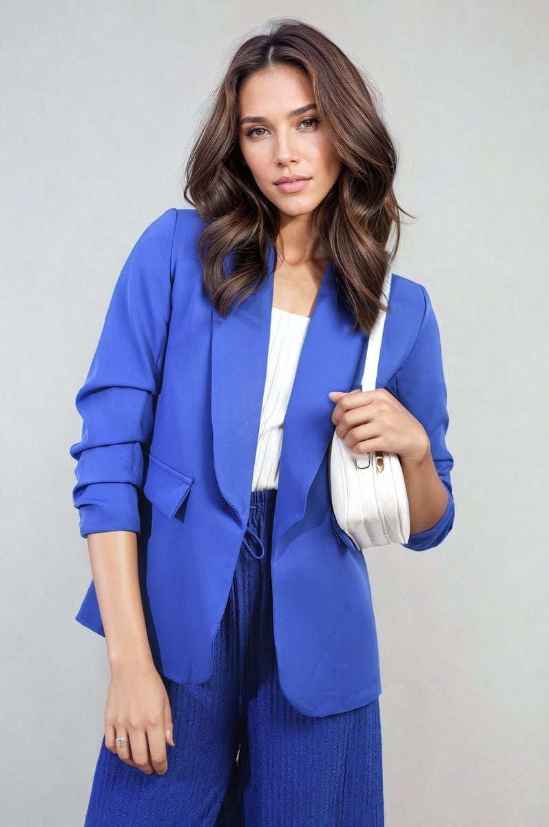 Women's Ruched Sleeve Open Front Blazer Jacket with Front Pockets