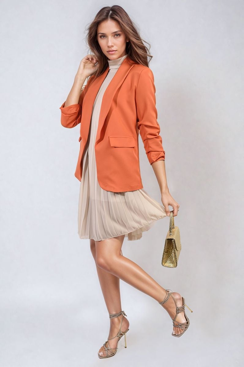 Women's Ruched Sleeve Open Front Blazer Jacket with Front Pockets