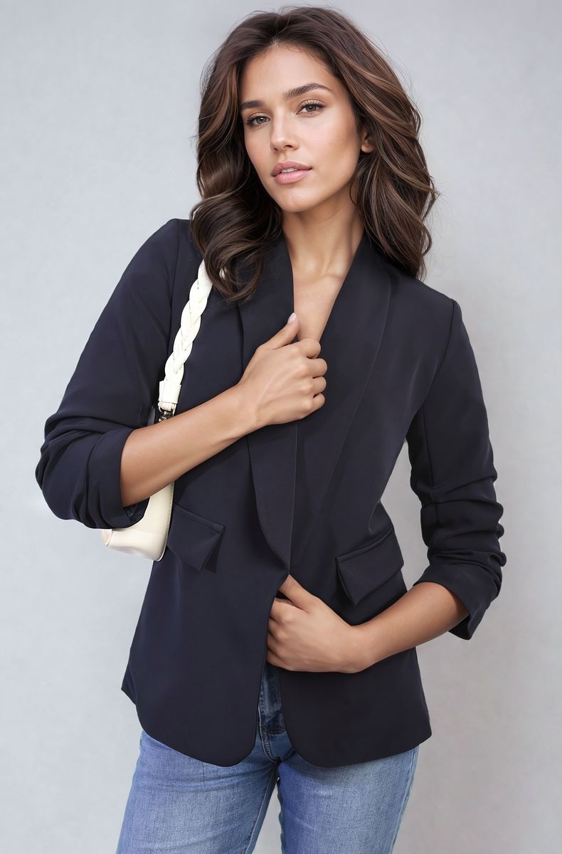 Women's Ruched Sleeve Open Front Blazer Jacket with Front Pockets