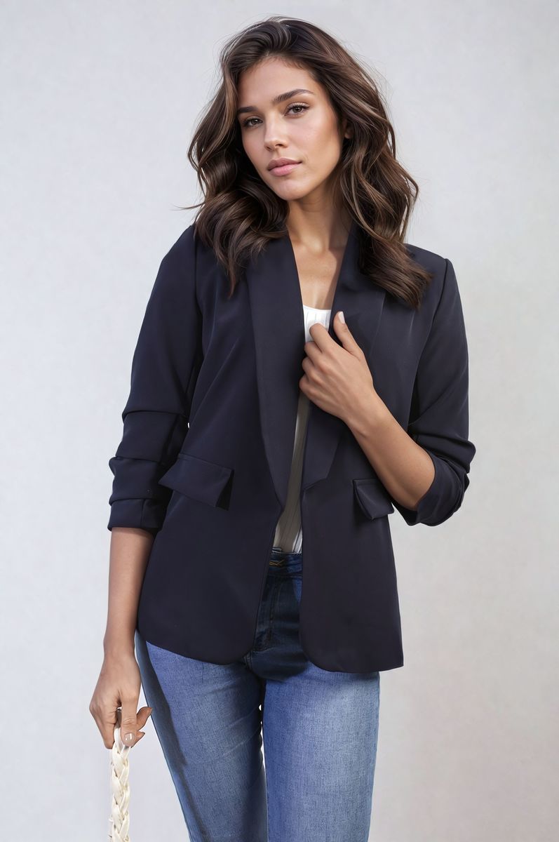 Women's Ruched Sleeve Open Front Blazer Jacket with Front Pockets