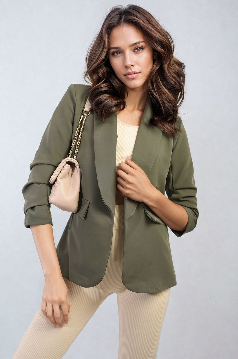 Women's Ruched Sleeve Open Front Blazer Jacket with Front Pockets