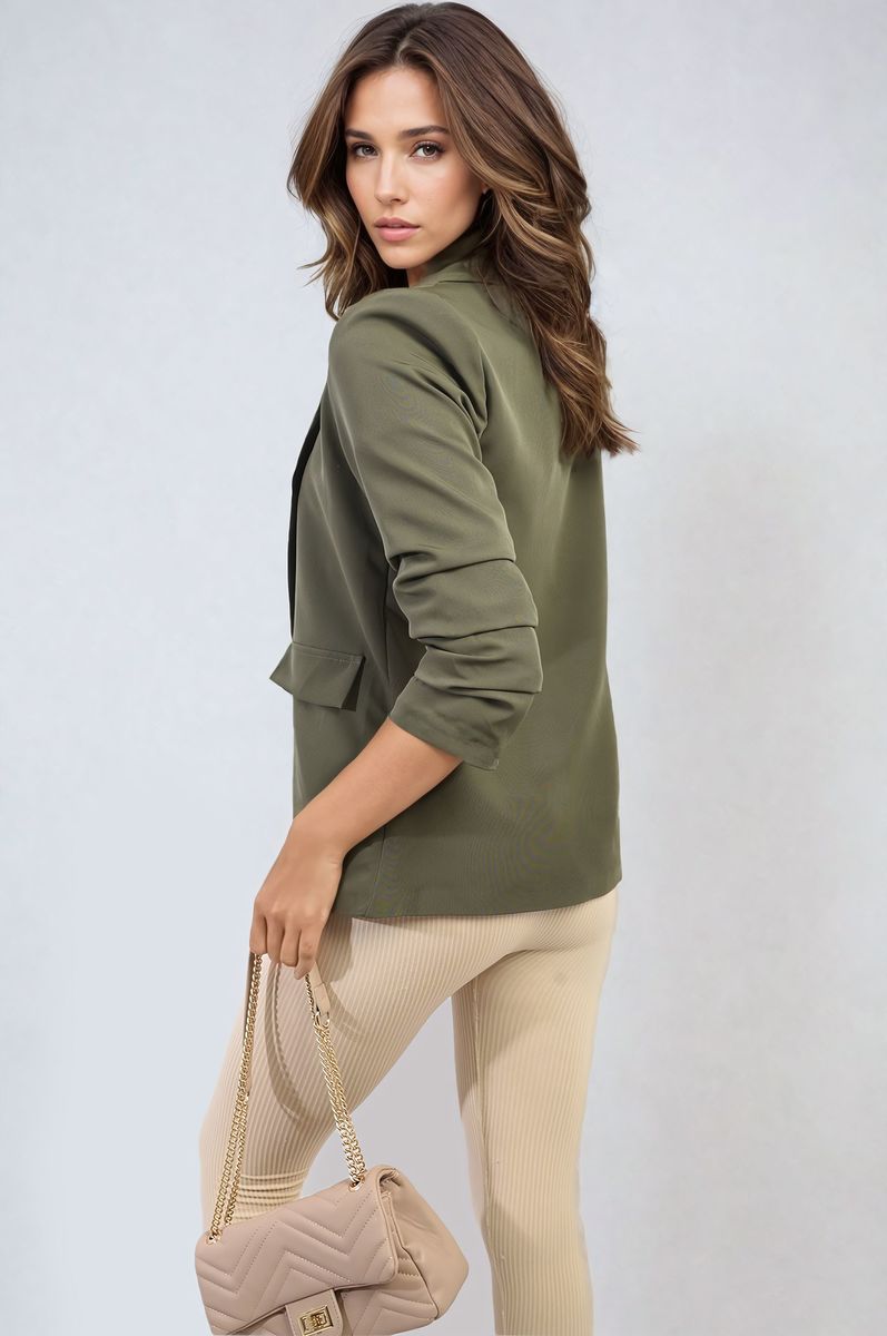 Women's Ruched Sleeve Open Front Blazer Jacket with Front Pockets