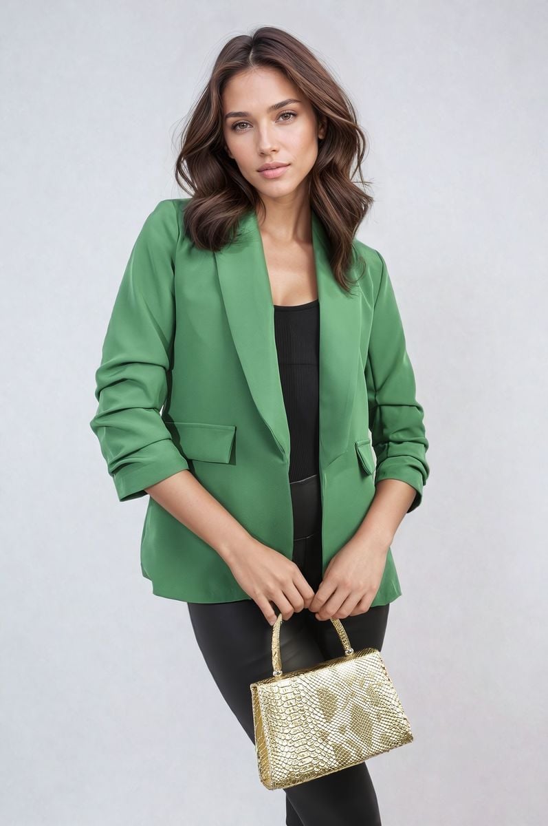 Women's Ruched Sleeve Open Front Blazer Jacket with Front Pockets