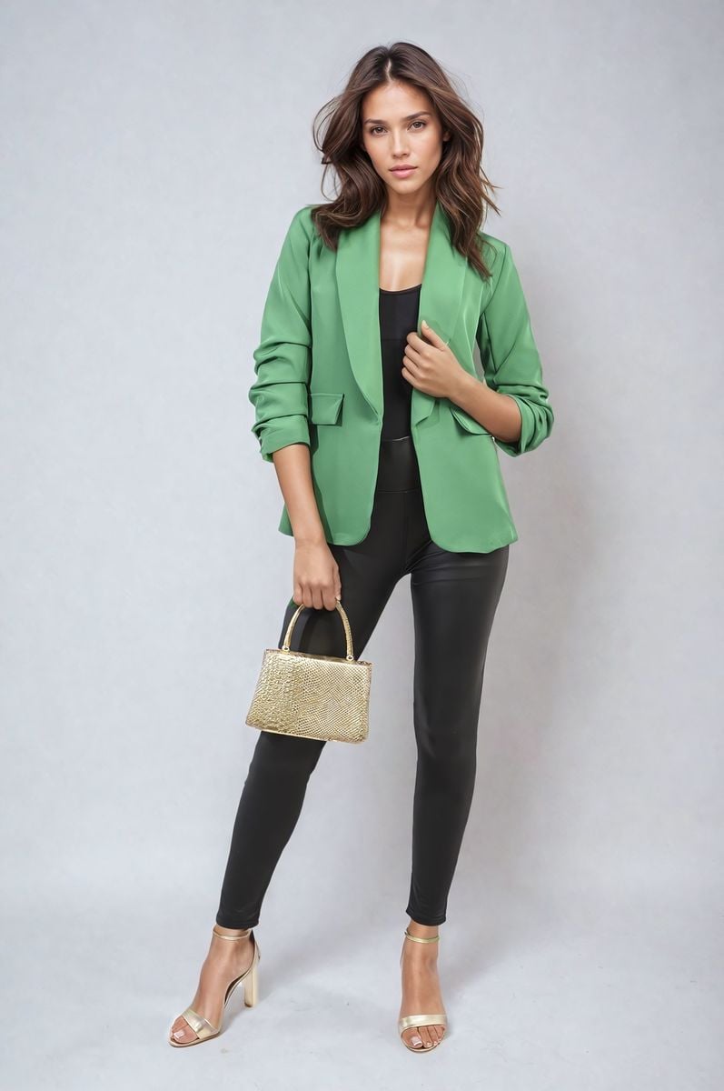 Women's Ruched Sleeve Open Front Blazer Jacket with Front Pockets