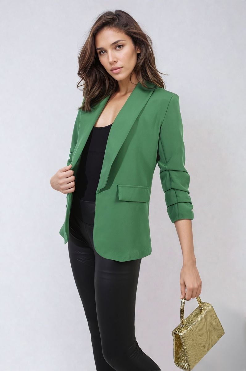 Women's Ruched Sleeve Open Front Blazer Jacket with Front Pockets