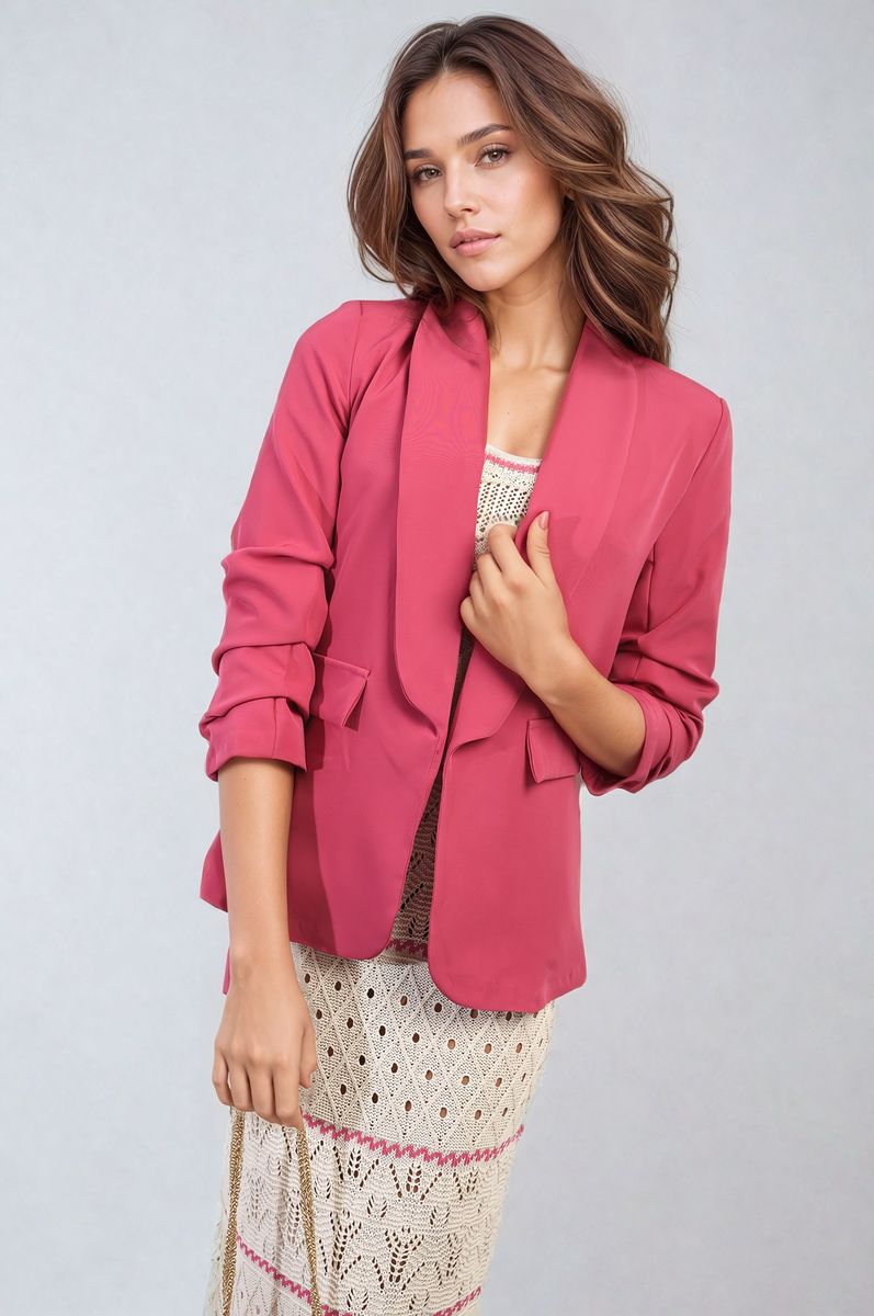 Women's Ruched Sleeve Open Front Blazer Jacket with Front Pockets