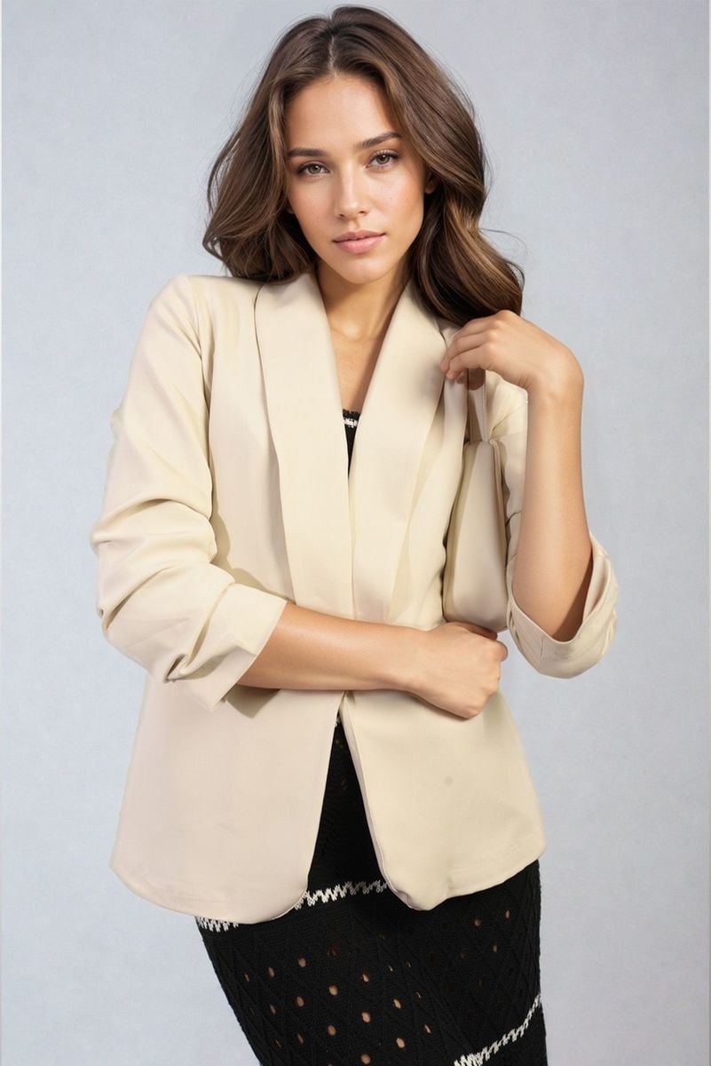 Women's Ruched Sleeve Open Front Blazer Jacket with Front Pockets