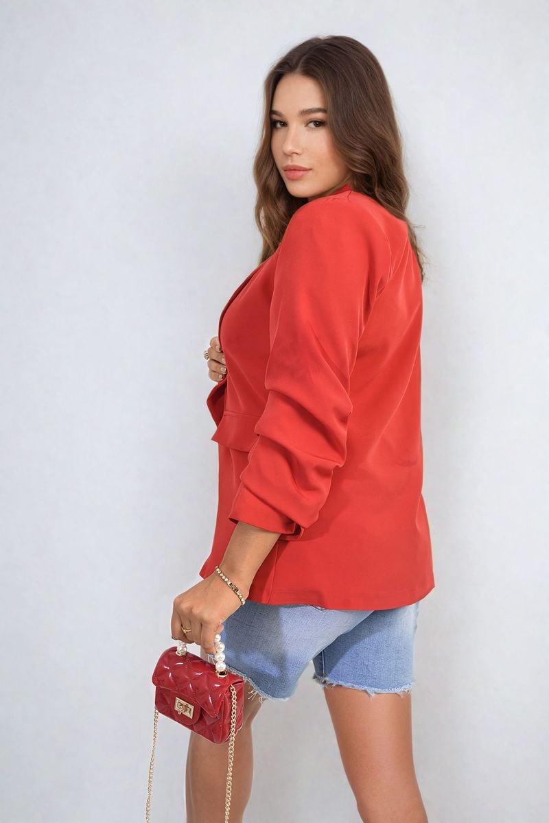 Women's Ruched Sleeve Open Front Blazer Jacket with Front Pockets