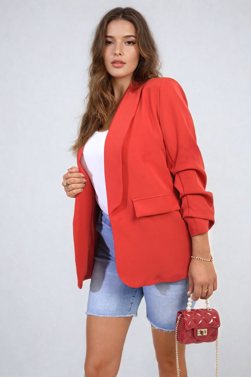 Women's Ruched Sleeve Open Front Blazer Jacket with Front Pockets