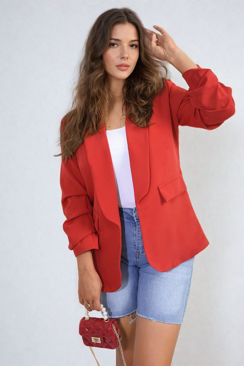 Women's Ruched Sleeve Open Front Blazer Jacket with Front Pockets