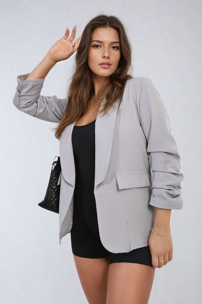 Women's Ruched Sleeve Open Front Blazer Jacket with Front Pockets