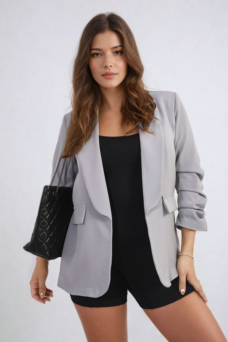 Women's Ruched Sleeve Open Front Blazer Jacket with Front Pockets