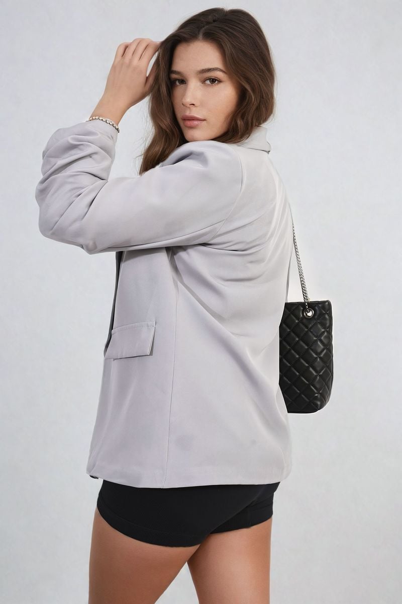 Women's Ruched Sleeve Open Front Blazer Jacket with Front Pockets