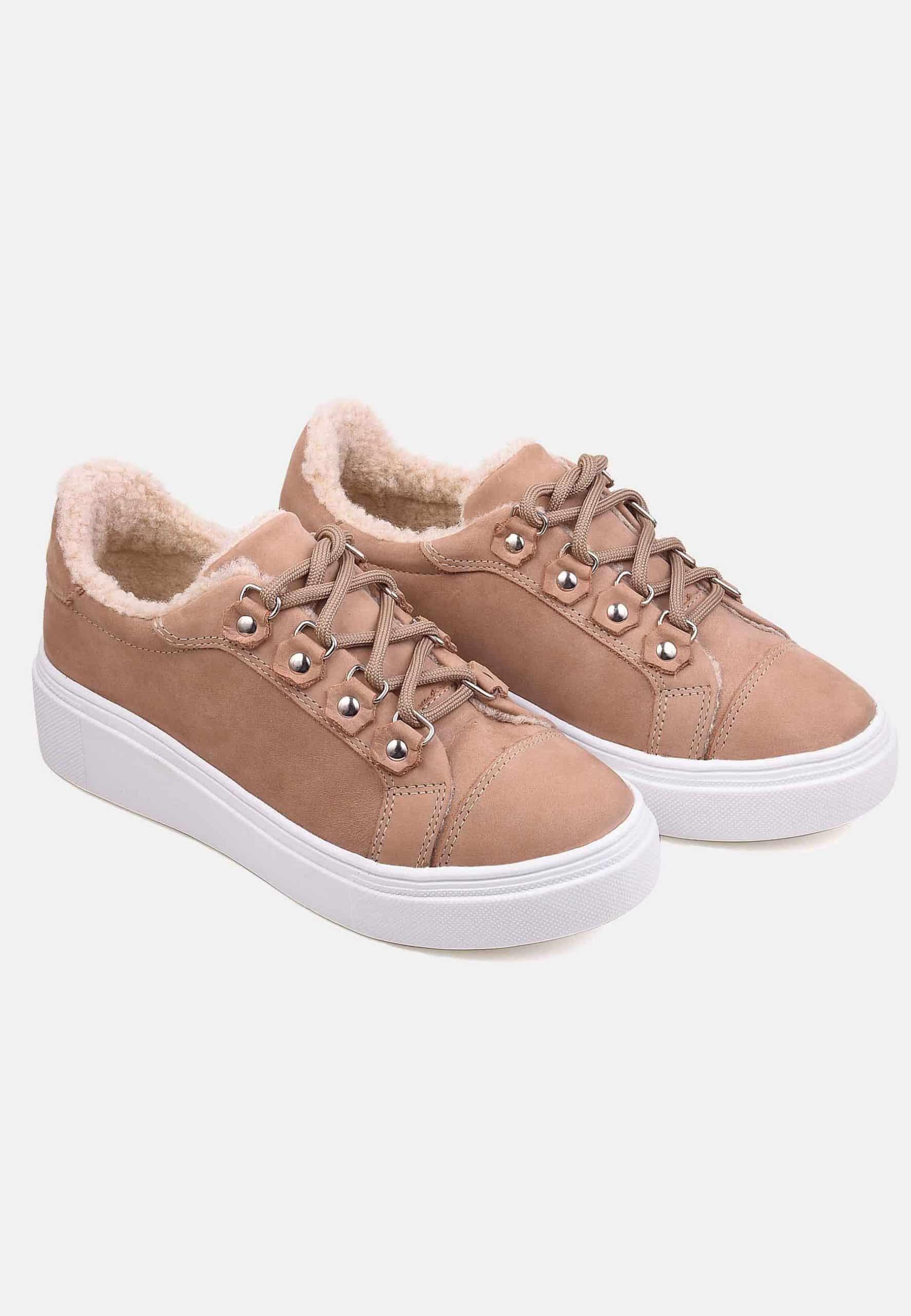 Ladies Warm and Comfortable Sneakers  in Beige with Thick Sole.