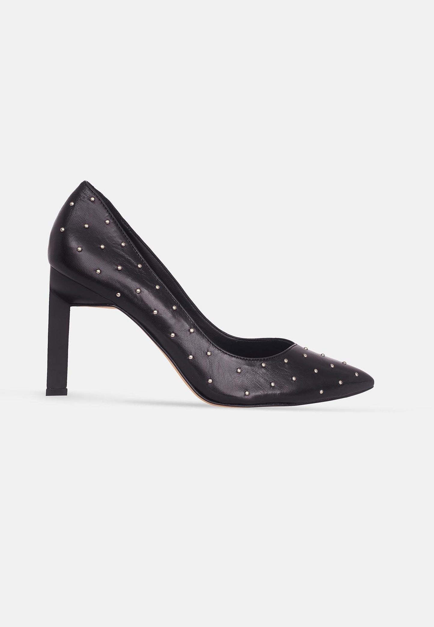 Ladies Black Leather High Heels Embellished with Metal Studs.