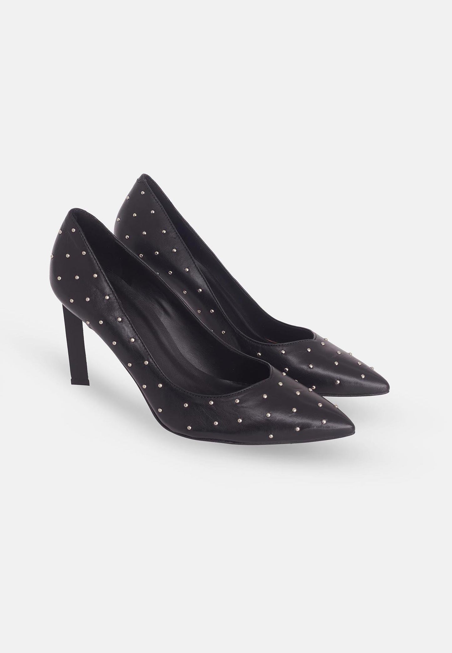 Ladies Black Leather High Heels Embellished with Metal Studs.