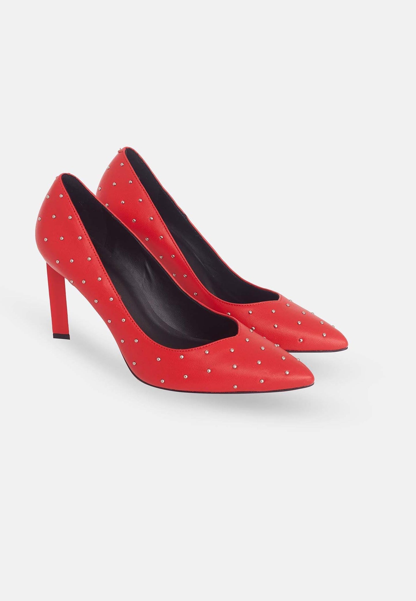 Ladies Red Leather High Heels Embellished with Metal Studs.