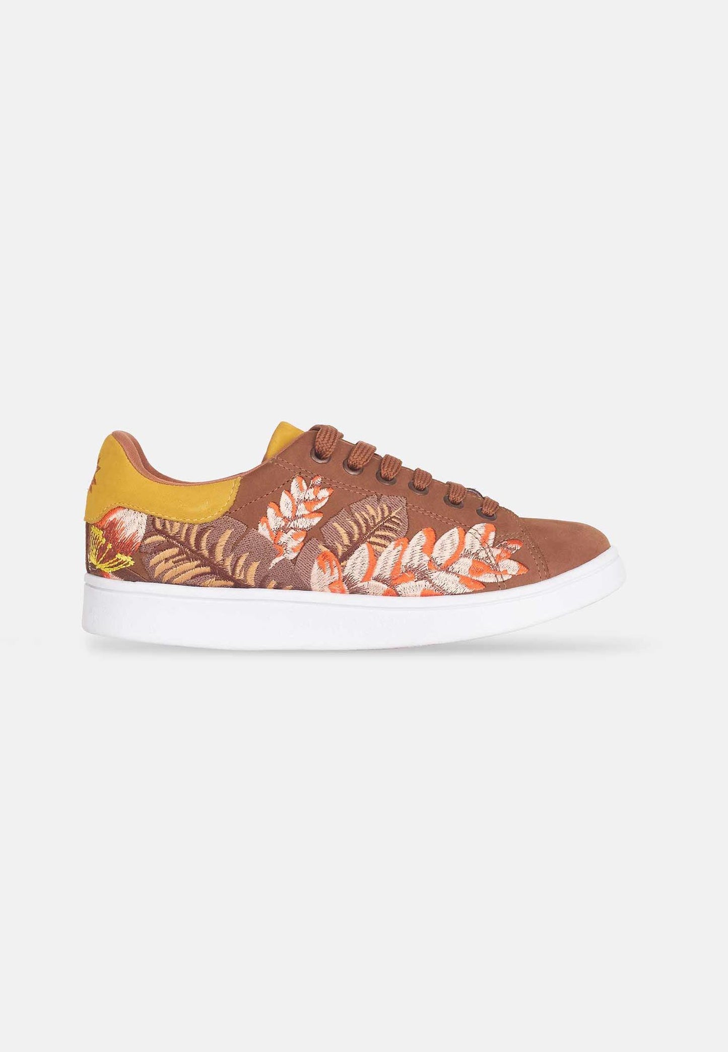 Women's Brown Suede Floral Embroidered Sneakers.