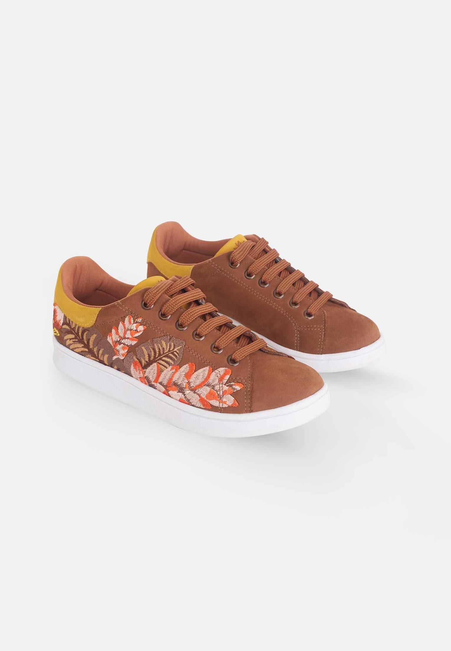 Women's Brown Suede Floral Embroidered Sneakers.