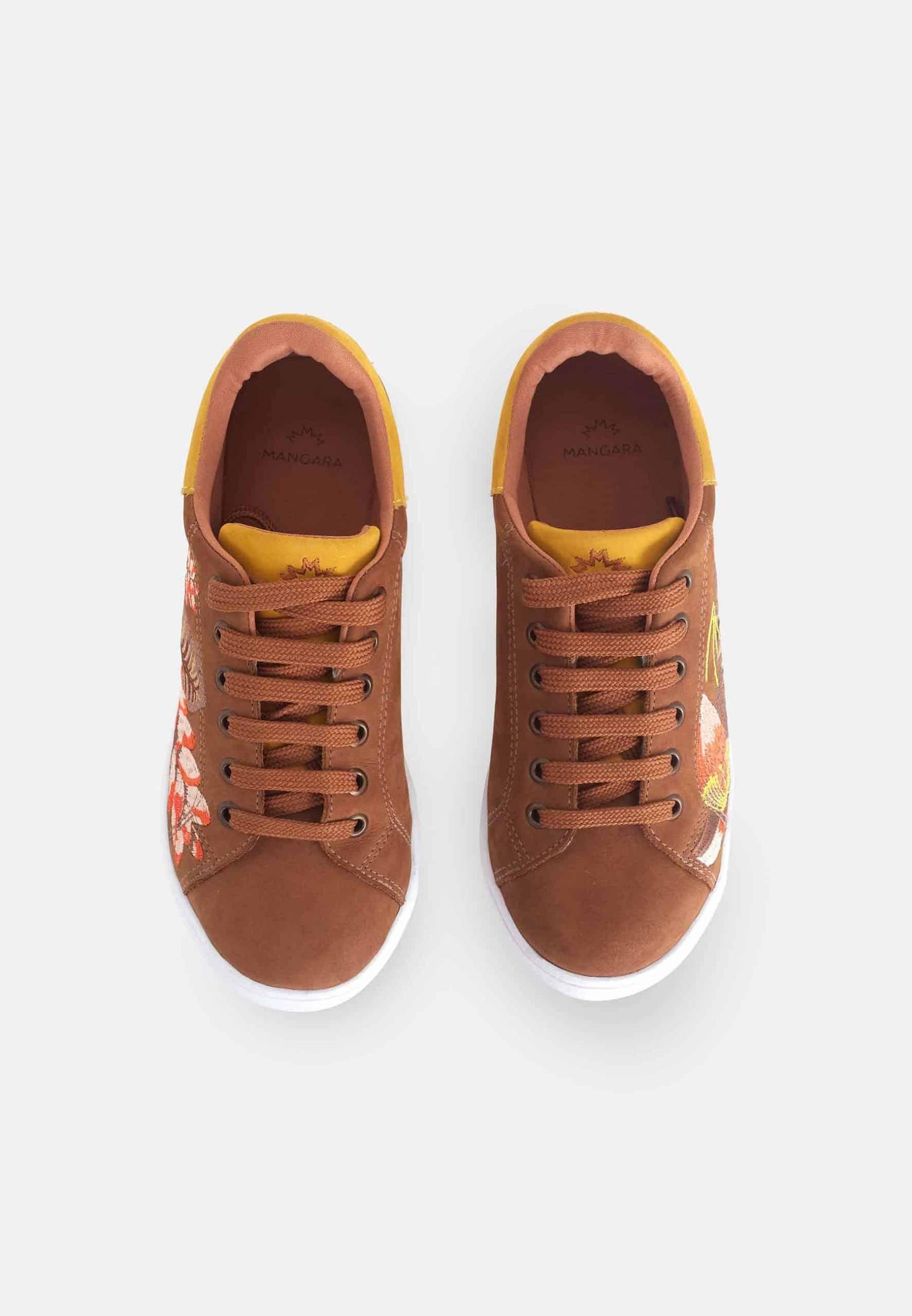 Women's Brown Suede Floral Embroidered Sneakers.