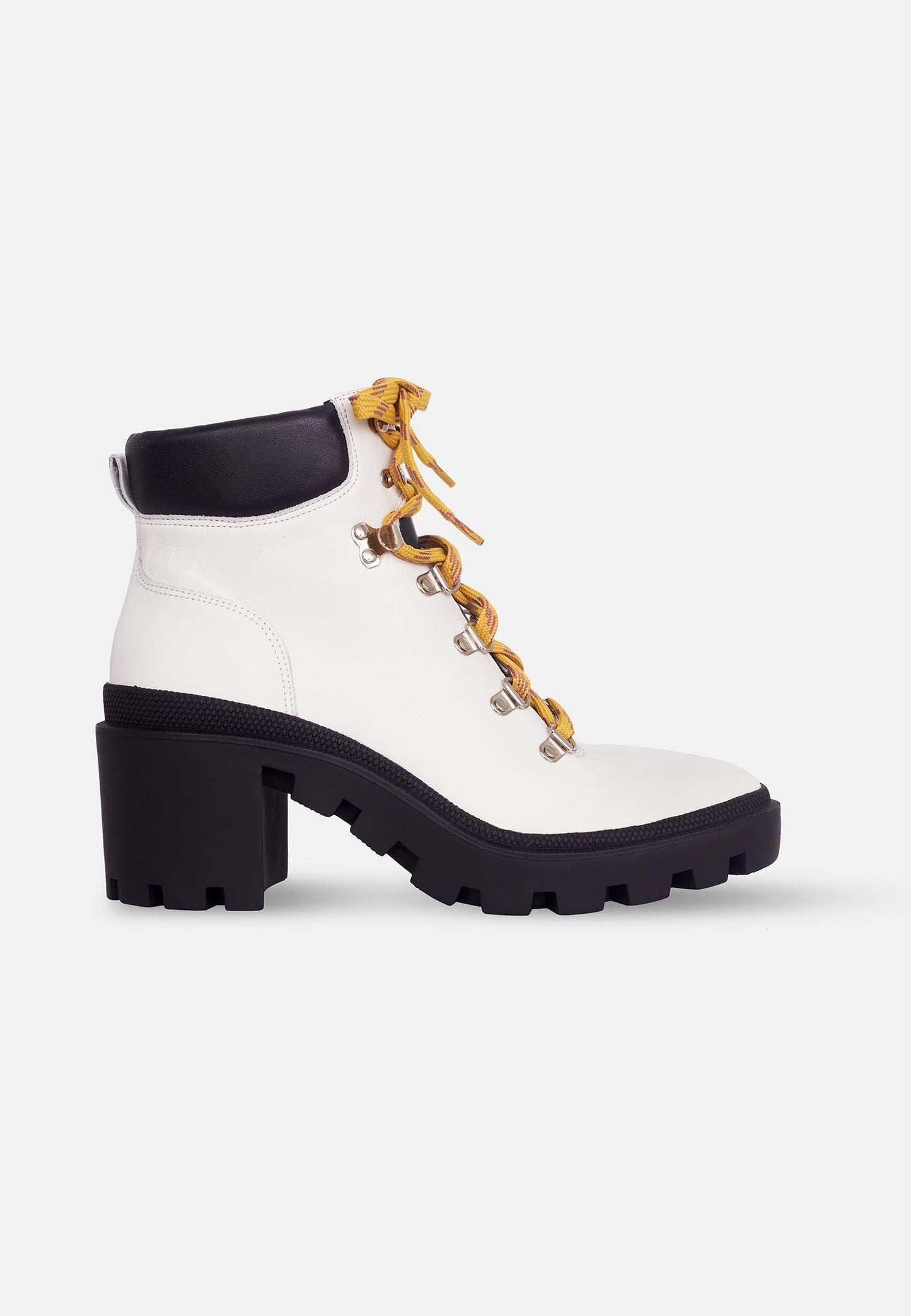 Ladies White Combat Style Boot with 9cm Block Heel.