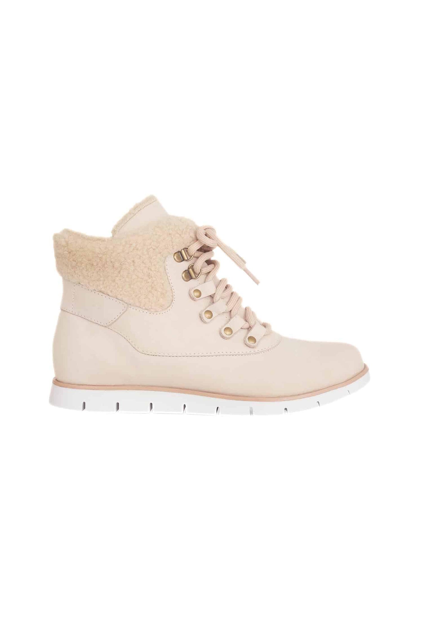 Women's Beige Suede Winter Boots with Shearing Embellishment.