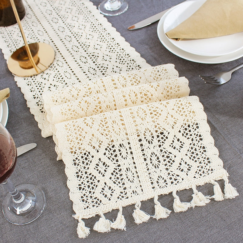 Beige Crochet Lace Table Runner With Tassels