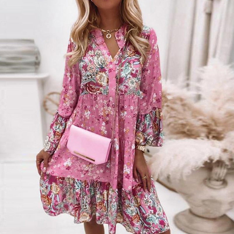 Ladies Elegant Pink Retro Floral Print Summer Mini Dress